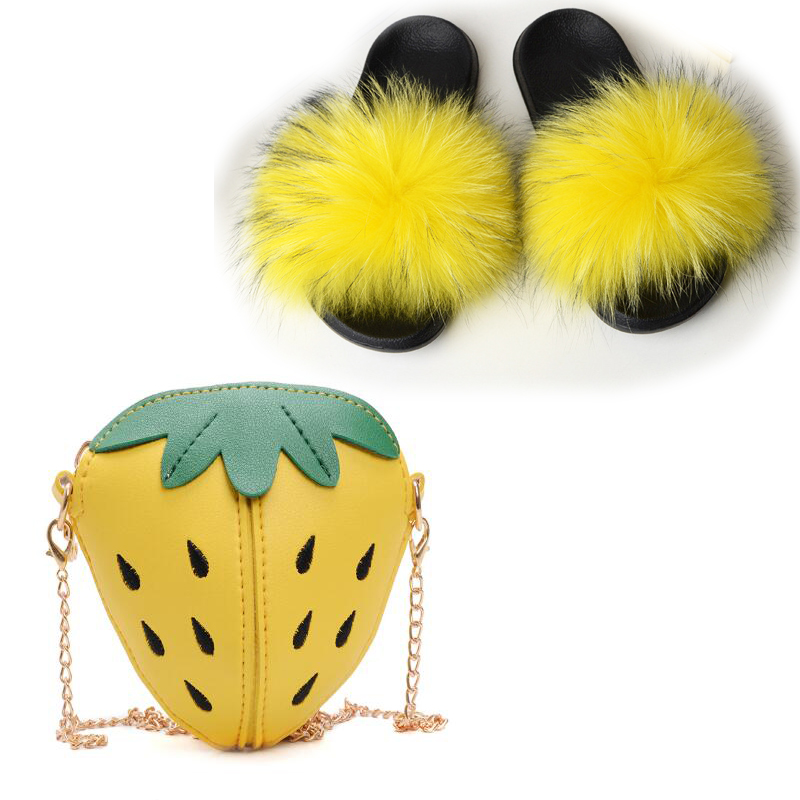 

Children's Real Fur Slippers Kids Crossbody Purse Girl's Money Shoulder Bag Shoes Sets Cute Baby Fluffy Slides Fur Sandals