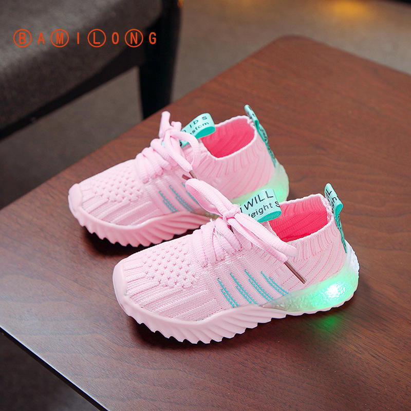 

Kids Sneakers Children Baby Boys Letter Mesh Led Luminous Shoes Toddler Girls Sport Run Sneakers Infantil Light Up Shoes B155, Black