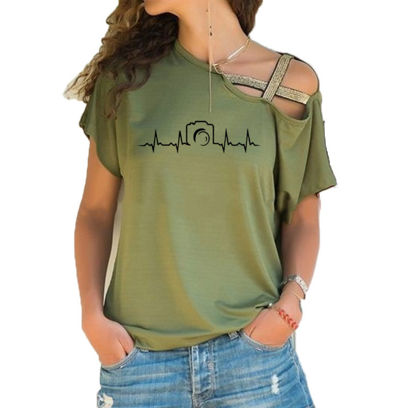 

women shirt Heartbeat of Camera t Shirts New Summer Short Sleeve Cotton Fashion Photographer Irregular Skew Cross Bandage MX200721