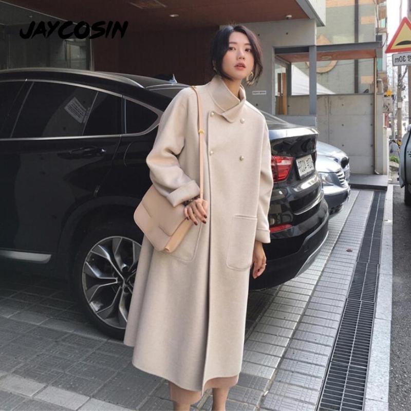 

JAYCOSIN 2020 Winter Coat Female Double-breasted Lapel Wool Coat Elegant Classic Loose Cappotto Fleece Warm Thick Manteau Femme, Kh