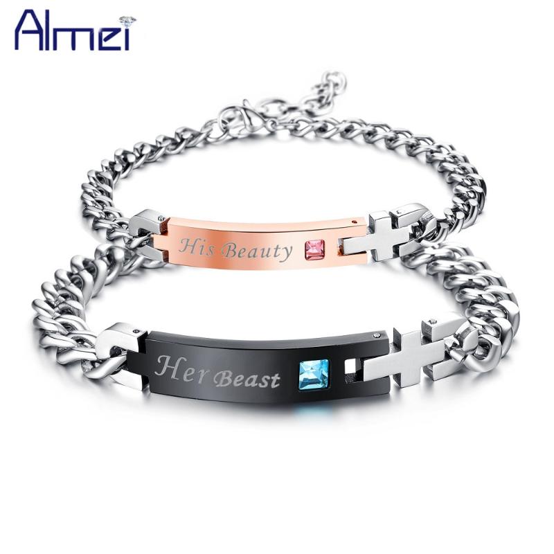 

Almei Men and Women's Titanium Beast Beauty Cross Bracelets Set CZ Crystal Couples Jewelry Gifts for Boyfriend Girlfriend SN154