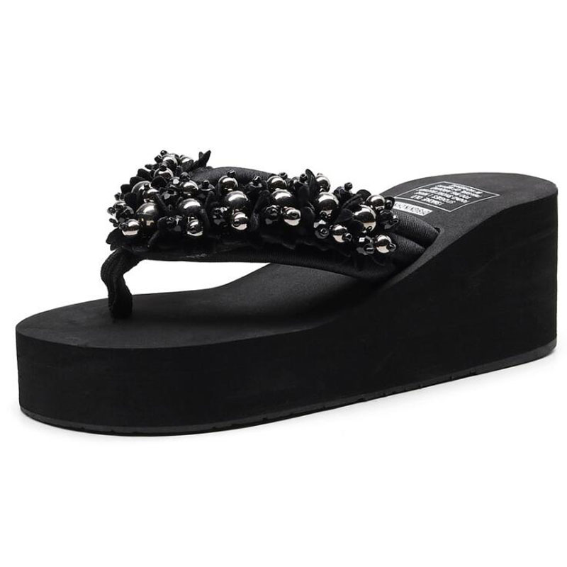 

Summer Slippers Women Casual Massage Durable Flip Flops Beach Sandals Female Wedge Shoes Striped Lady Room Slippers, Beige