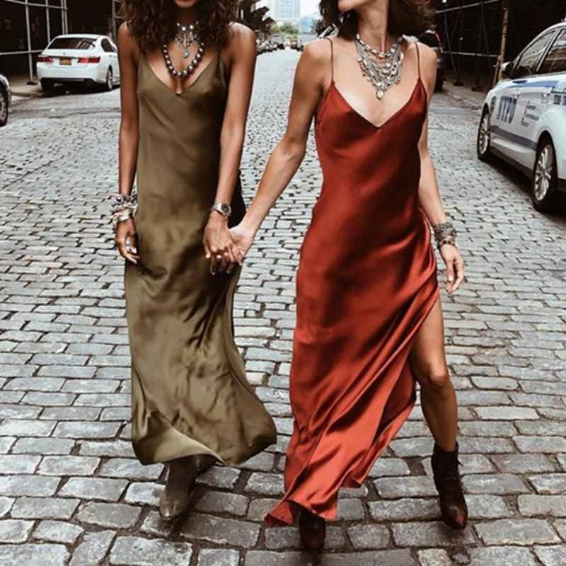 

Summer Satin Dress Slip Women Solid Color Spaghetti Strap Backless Sexy Long Party Night Club Long Silk Dress 2020, Black