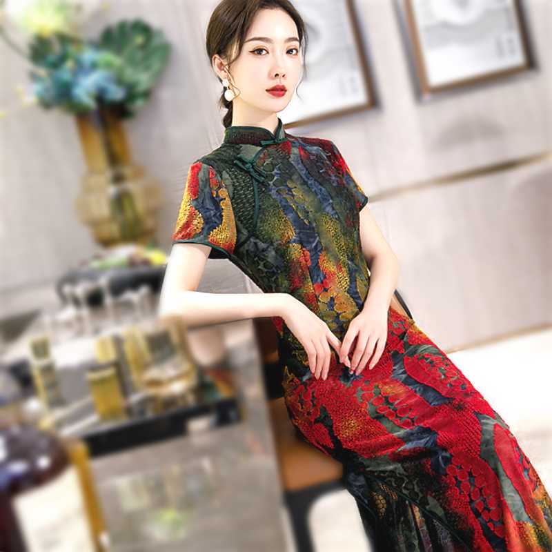 

Sheng Coco Knitting Elastic Cheongsam Dresses Novelty Chinese Qipao Rayon Long Gradient Color Flexible Qi Pao Fashion Long Dress