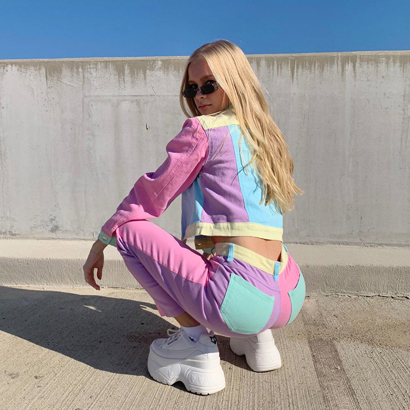 

Patchwork Pink Straight Long Trousers + Jacket Coat Ladies Skinny High Waist Pants Capris Fashion Streetwear 2pcs Women Set, Pant