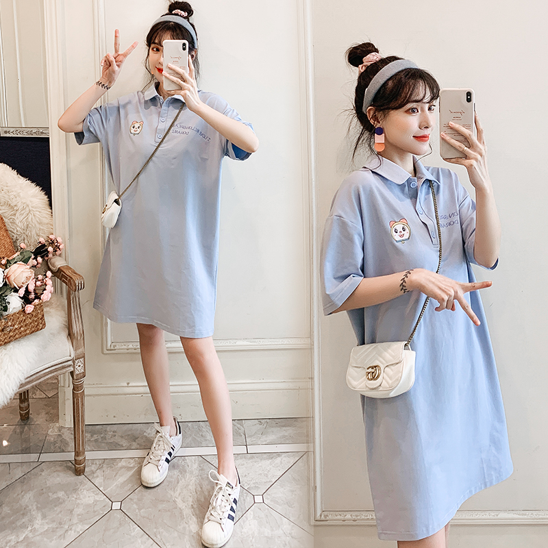 

Maternity Clothes Summer Stylish Sweety Letter Embroidery Pregnant Dress Clothes For Pregnant Women Turn Down Collar Mom Dress, Pink