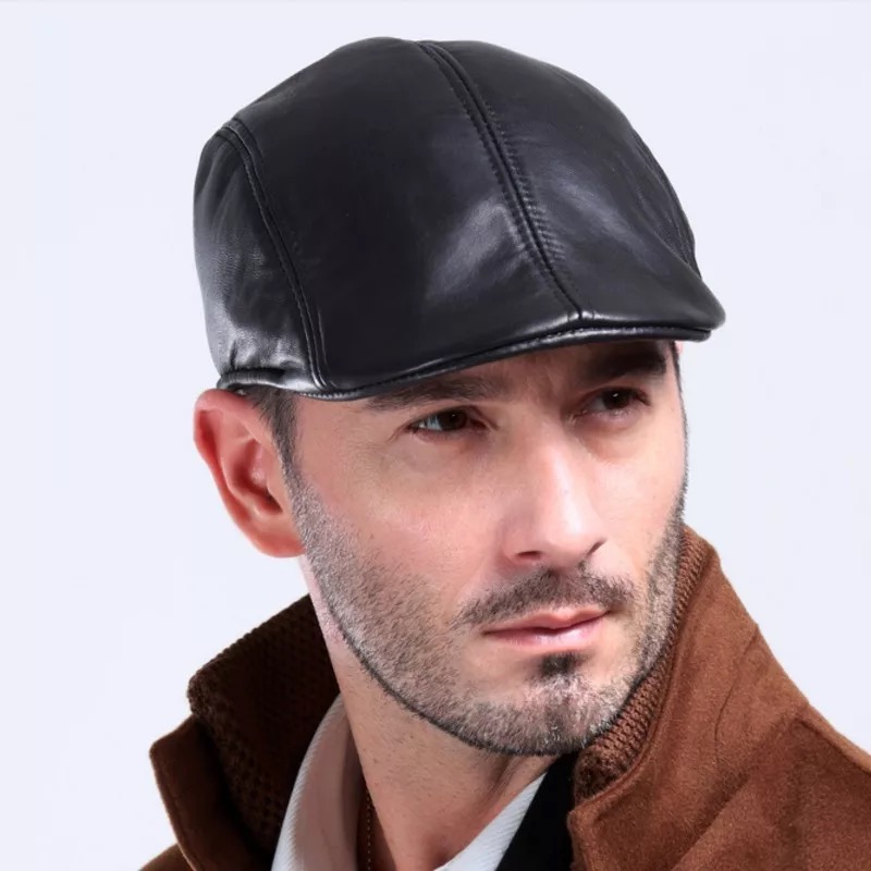 

2020 Fashion Men Real Leather Hats Leisure business Natural Sheepskin Beret, Black