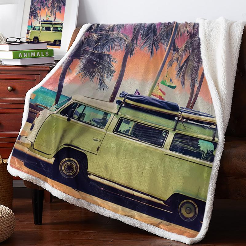 

BIGHOUSES Throw Blanket Summer Dusk Sunset Seaside Bus Tropical Coconut Trees Fleece Blankets Personalized Blankets Bedclothes