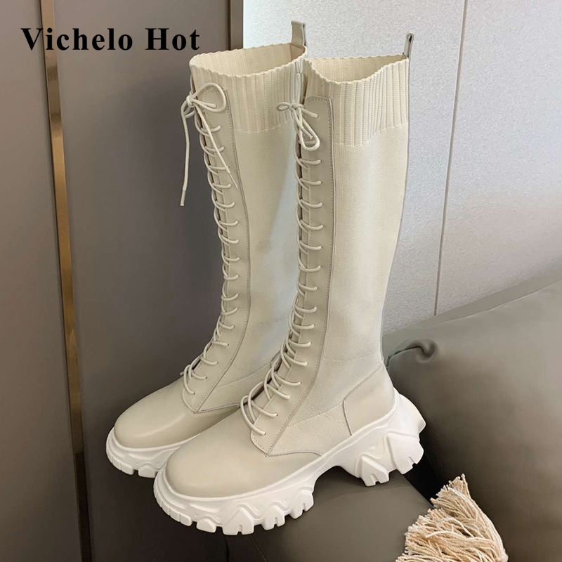 

Vichelo Hot genuine leather round toe high heels cross-tied motorcycle boots winter classic style young lady knee-high boots L72, Black