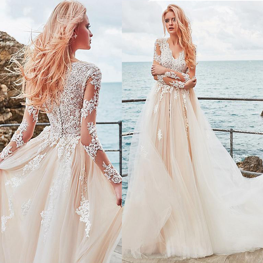 

Exquisite Tulle V-neck Neckline A-line Wedding Dress With Lace Appliques Elegant Tulle Nude Long Sleeves Bridal Gowns, Pink