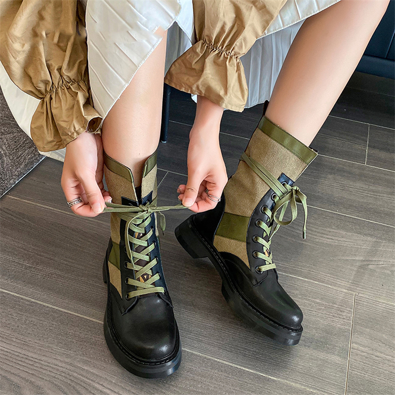 

women genuine leather ankle boots round toe lace up black platform riding boots warm winter nigh club punk shoes woman shoes