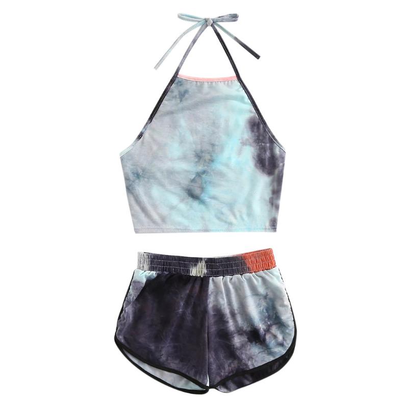 

Tie Dyeing Print Women Sports Suit Sleeveless Strap Crop Top High Waist Biker Shorts Pants Workout Clothes Tracksuit Outfit 2020, Blue