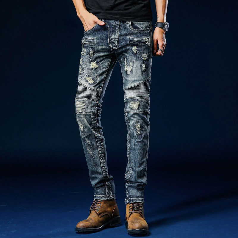 

biker jeans Ripped crinkle patchwork denim trousers slim fit zipper jeans hombre mens skinny pantalon homme jean, Blue