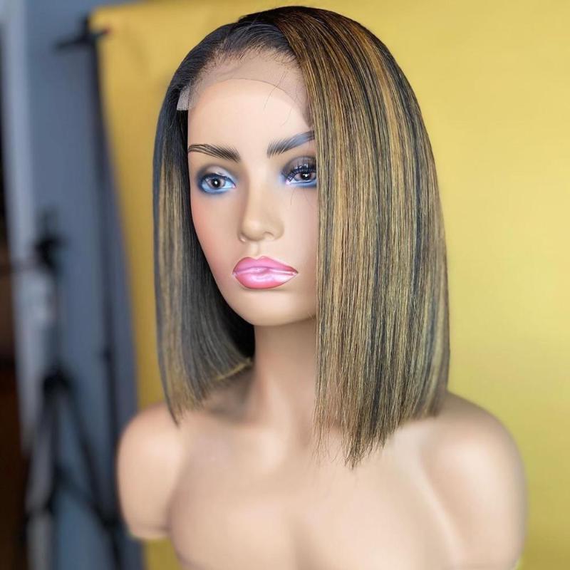 

BIB Ombre Highlight Wig 2x6 HD Transparent Lace Front Wig Straight Bob Brown Honey Blonde Short Bob Lace Front, As pic
