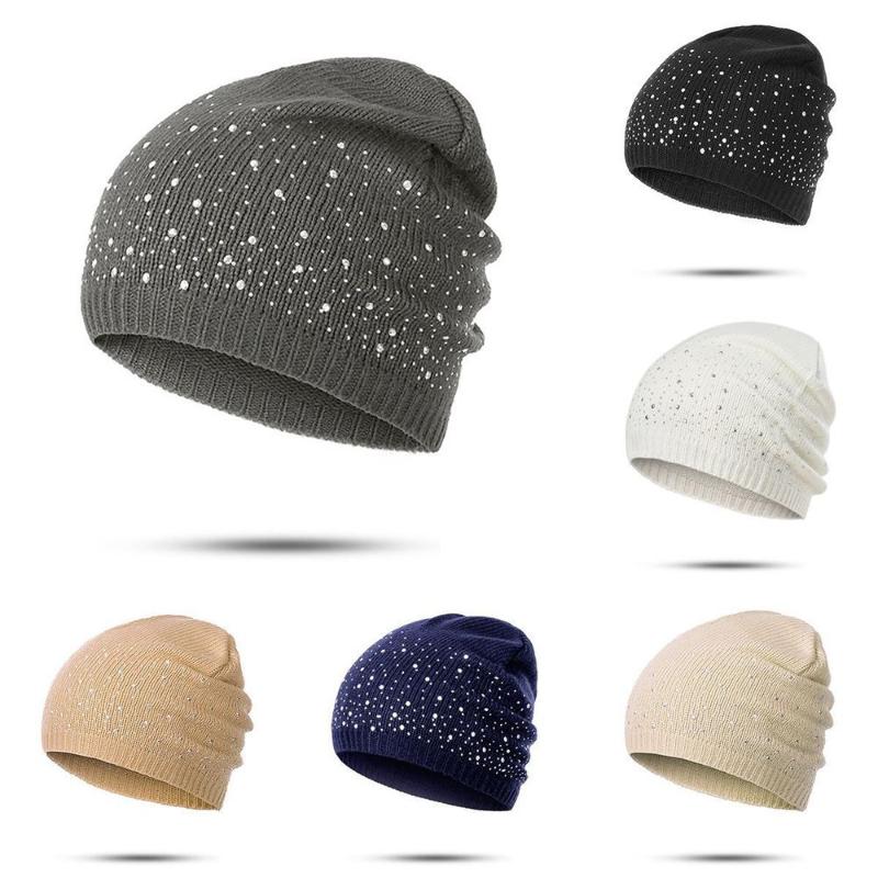 

Women Knitted Cotton Winter Warm Cap Diamonds Glistening Hats Christmas Gift Fashion Adult Women Keep Warm Winter Cap Hot Sale, Black