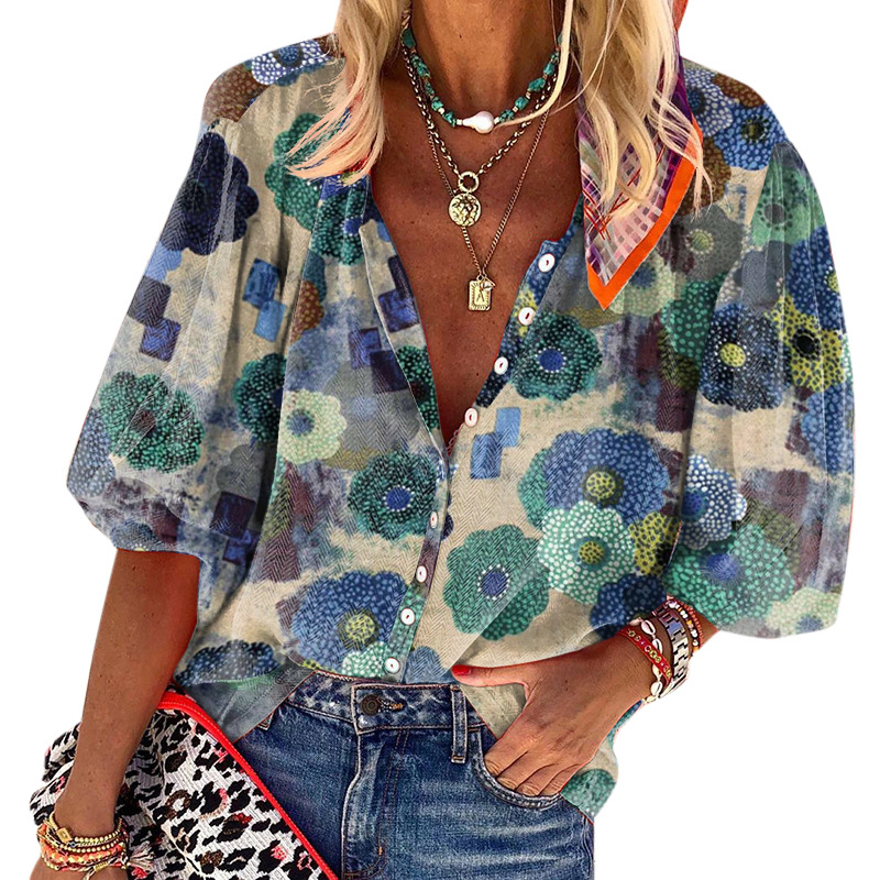 

Women' Blouses & Shirts Autumn Turn Down Collar Print Women Blue Cardigan Button Casual Tops Long Sleeves Single Breasted Bohemian Blouse