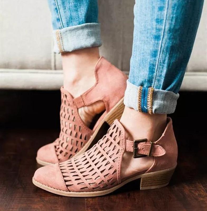 

High Quality Women Low-heeled buckle boot Summer Lace-Up Leather Ankle Boots breathable Women Shoes Hollow out female boots#0813, Bk