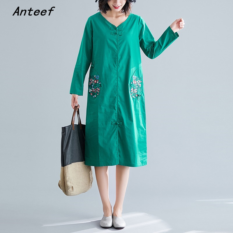 

long sleeve plus size cotton linen vintage floral embroidery women casual loose autumn dress elegant clothes 2020 ladies dresses, Green