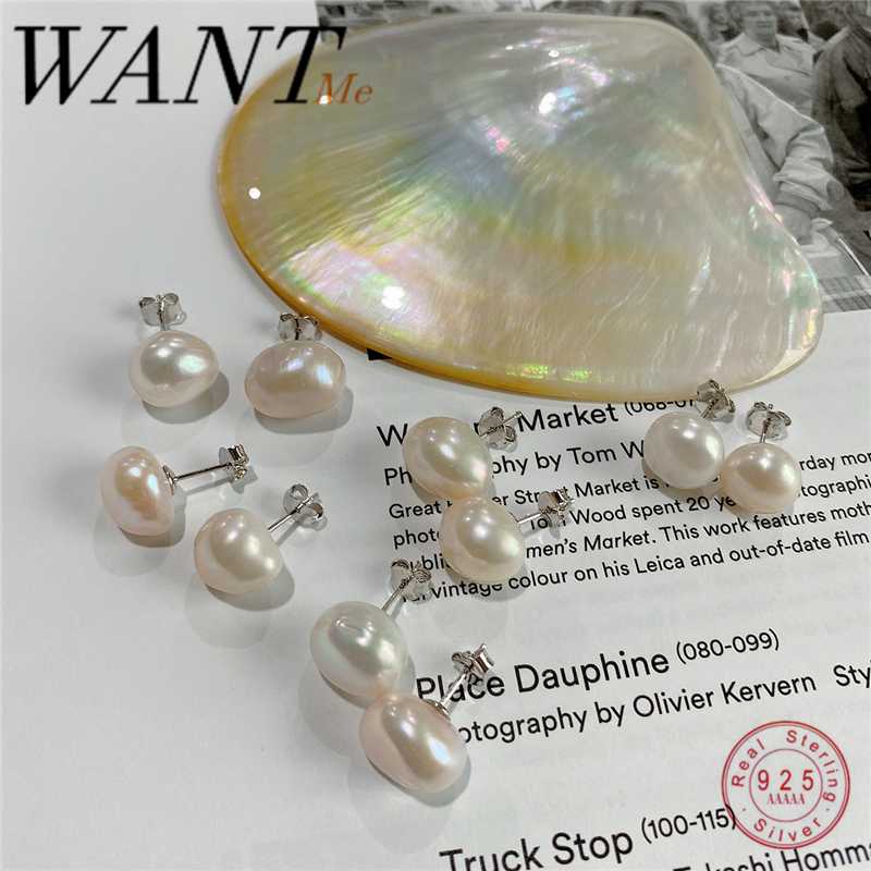 

WANTME Natural Freshwater Irregular Pearl Stud Earrings Real 925 Sterling Silver Needle Fashion Women Noble Party Jewelry Gift