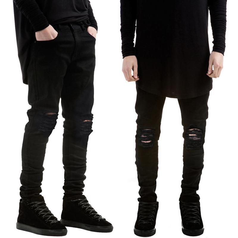 

Slim Mens Biker Jeans Motorcycle high street hip hop hole jeans Destroyed men stretch Demin Trousers Black White size 40