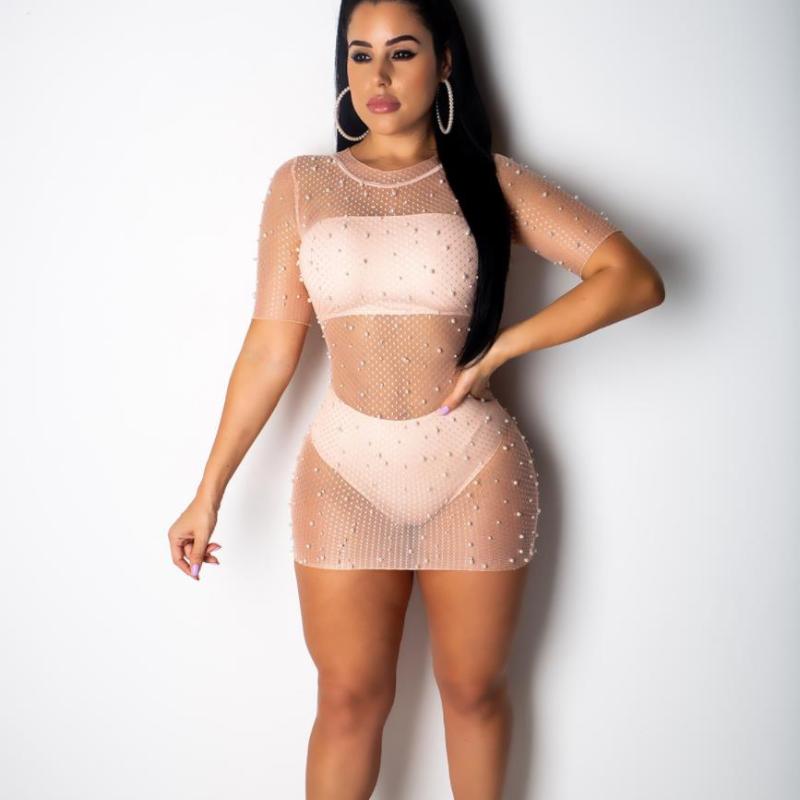 

BKLD Bohemian 2020 Summer Sexy Mesh See Through Dress Women Crochet Hollow Out Beading Short Sleeve Party Bodycon Mini Dress, White