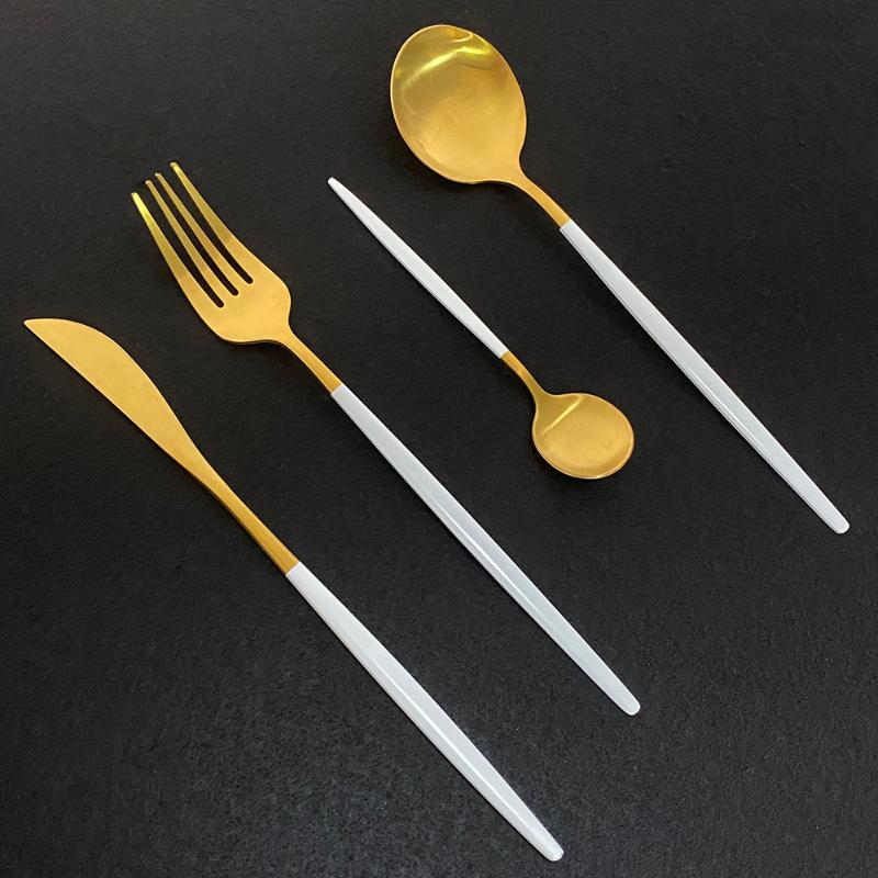 

White Gold 40Pcs Dinnerware Set Tableware Set Matte Knife Spoon Fork Cutlery Stainless Steel Kitchen Silverware Flatware