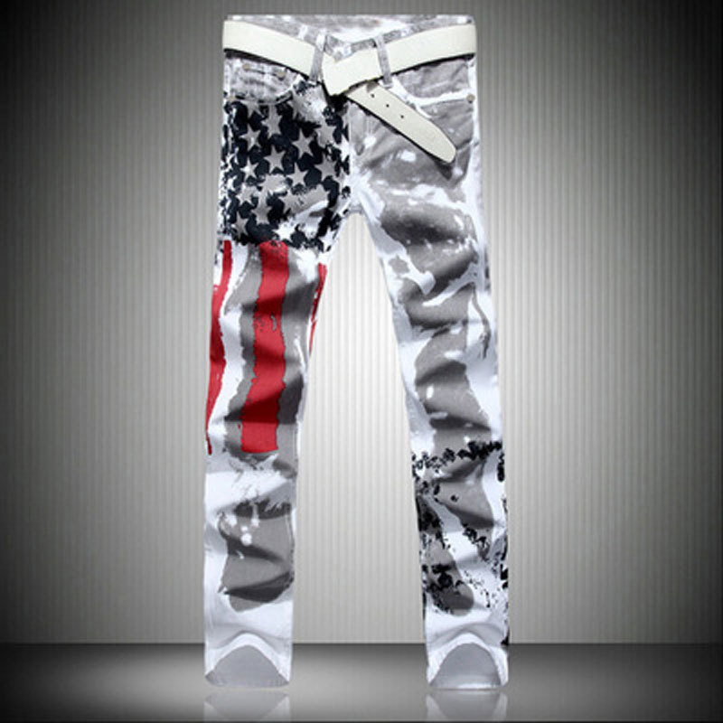 

New Men's White Jeansa American Flag Print Elasticity Slim Jeans Cotton Mid Waist Zipper Straight Casual Trousers Washed