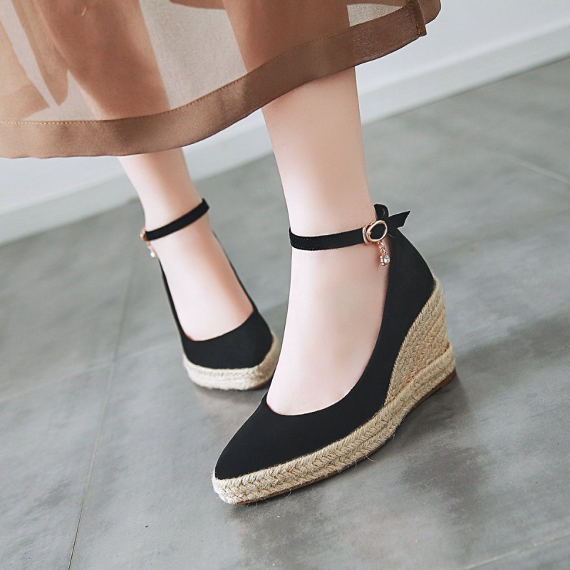 

Size 33 To 41 Women's Shoes Straw Wedges Heel Ladies Point Toe 8cm High Heels Shoes Red Wedding, Beige