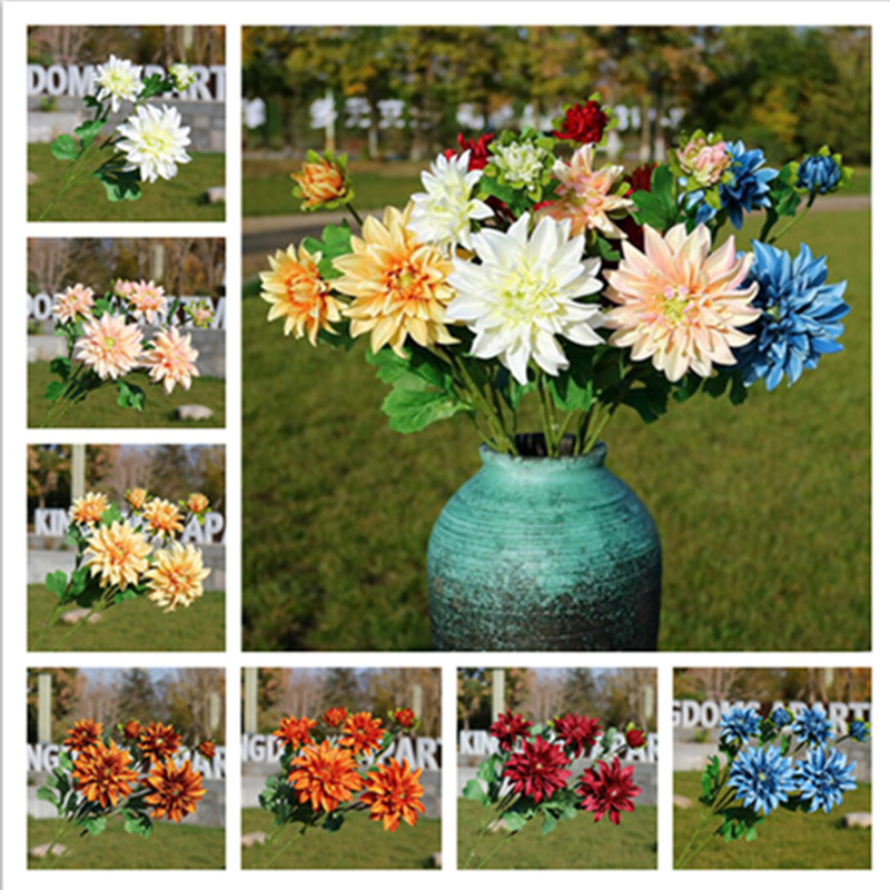 

Fake Dahlias (3 heads/piece) 24" Length Simulation Dahlia Chrysanthemum for Wedding Home Decorative Artificial Flowers, Blue