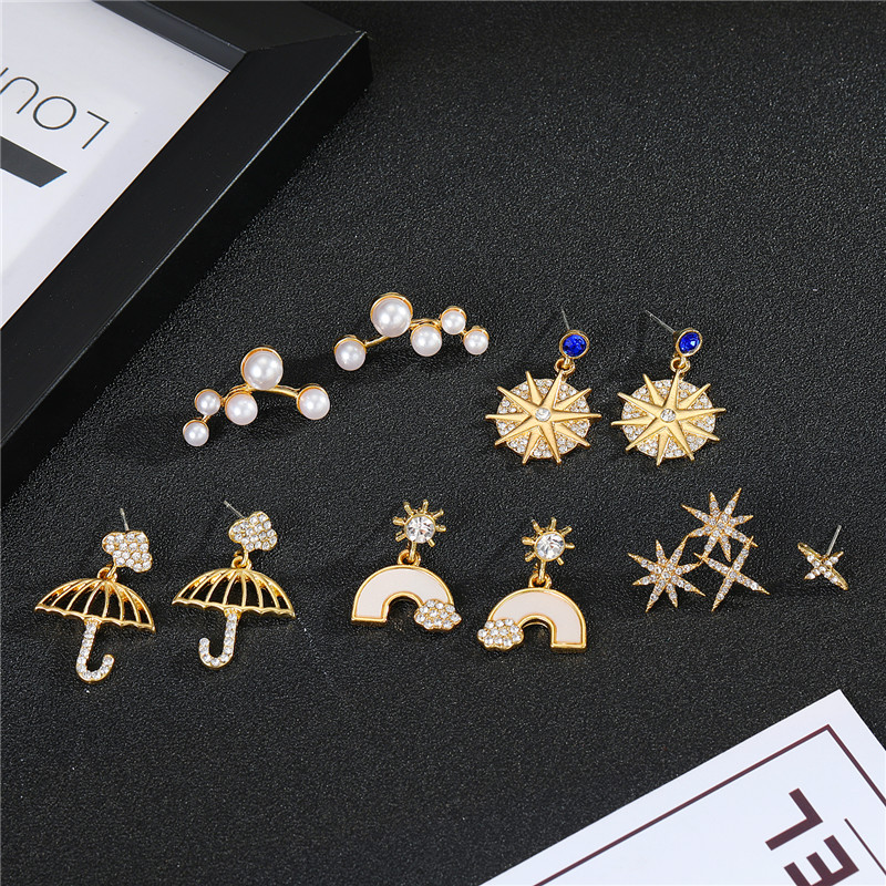 

1pair Cute Crystal Umbrella Rainbow Meteor Star Stud Earrings For Women Lovely Asymmetry Earrings Simple Jewelry Gift