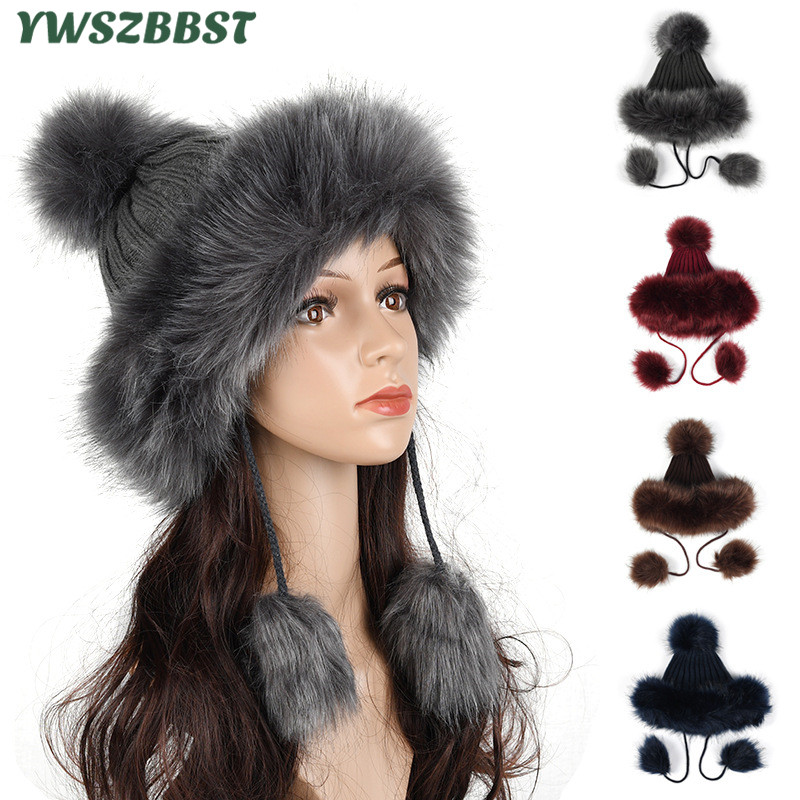 

New Fashion Women Pom Pom Ball Hat Female Winter Women Beanies Cap Lady Thick Warm Knitted Furry Ball Hat, Black