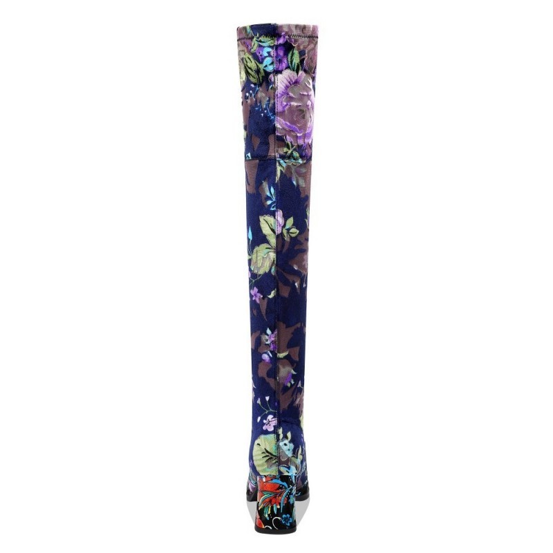 

Sexy Women Winter Over The Knee Boots Pointed Toe Block High Heels Slip On Boots Lady Vintage Floral Printed Slim Stretchy Shoes, Blue