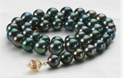 

STUNNINGTAHITIAN 10-11MM ROUND BLACK GREEN PEARL NECKLACE 18INCH 36