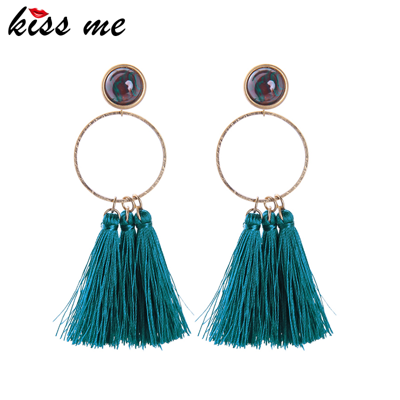 

Kiss Me Long Crystal Round Alloy Cotton Thread Pendant Drop Earring Bohemia Women Earrings For Female Gift Accessories