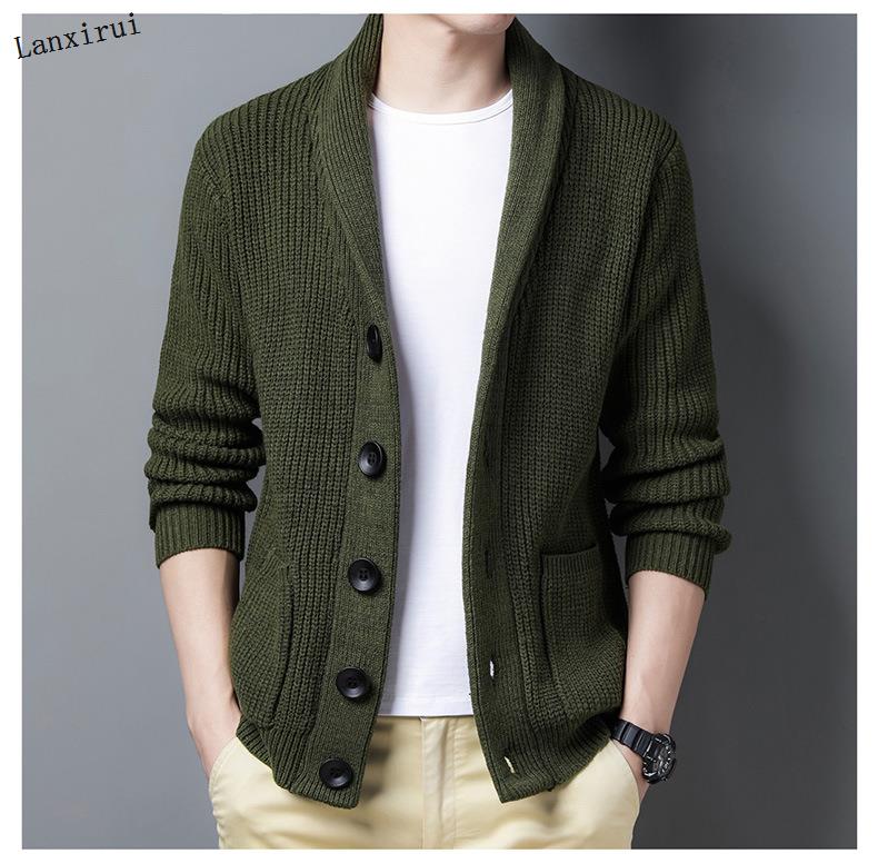 

Autumn Men Thicken Knitted Sweater Warm Lapel Casual Loose Cardigan Single Breasted Jaqueta Masculino Comfortable Homme Overcoat, Black