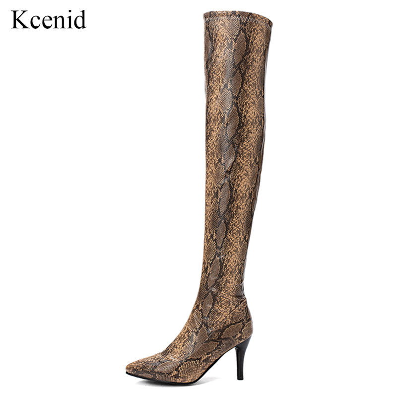 

Kcenid Snake print over the knee high boots fashion pointed toe thin heels sexy shoes woman winter boots women warm long, Black