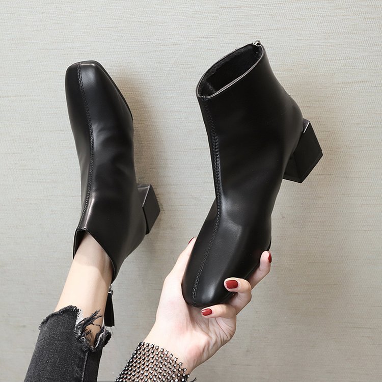 

2020 Winter Women Ankle Boots Thick Square Heels Short Boots Ladies Plush Warm Zipper Shoes Female Casual Shoes, Brown