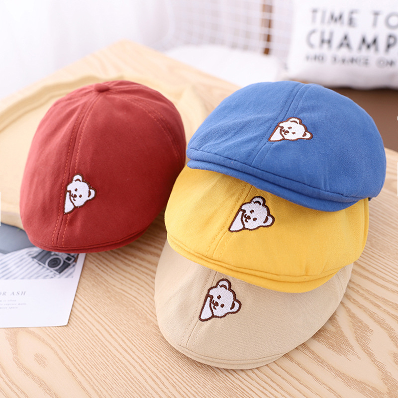 

new embroidery cartoon bear baby winter hat Korean catamite girl boys England solid color kids cap fashionable beret sun hat, Yellow