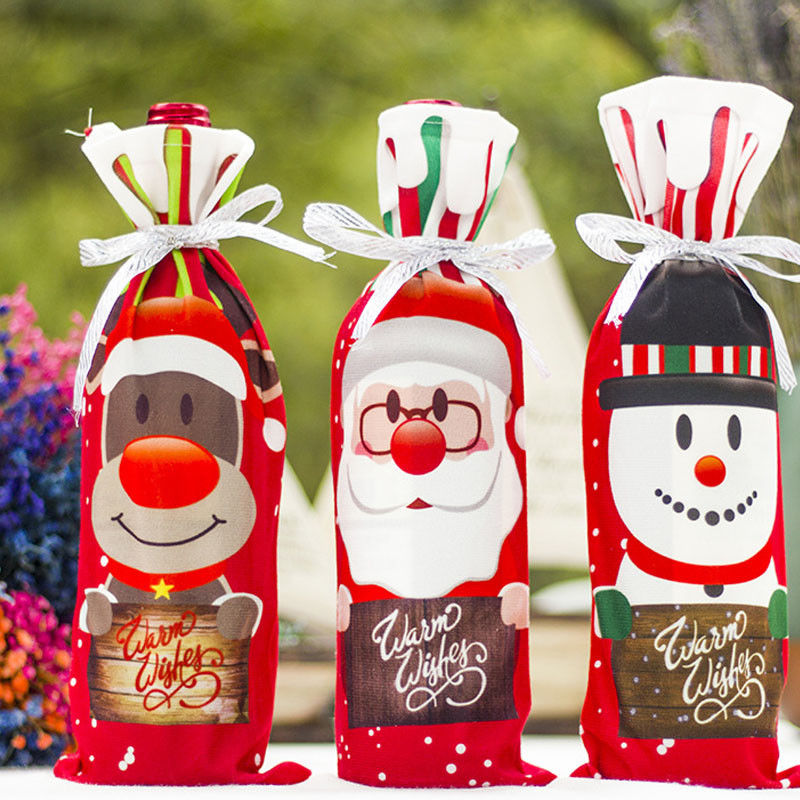 

Table Decor Dinner Party Red Wine Christmas Santa Tree Bottle Cover Bags Sets