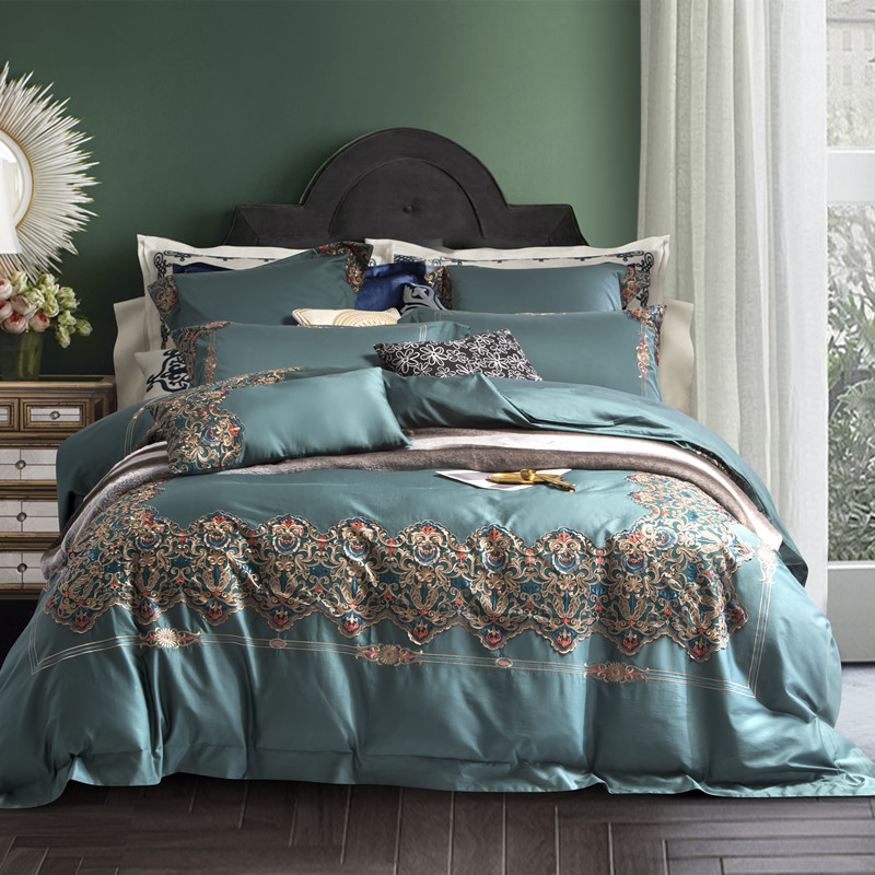 

Luxury 120S Egyptian cotton Embroidered Bedding set Queen King Lace Blue Duvet cover Bed sheet set Pillowcase 4/6pcs, Color 7