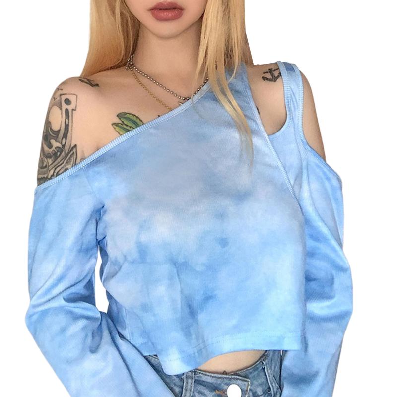 

Women' Tie-dye Print T-shirt Fashion Wild Sexy Long Sleeve Off Shoulder Irregular Collar Cropped Top, Blue