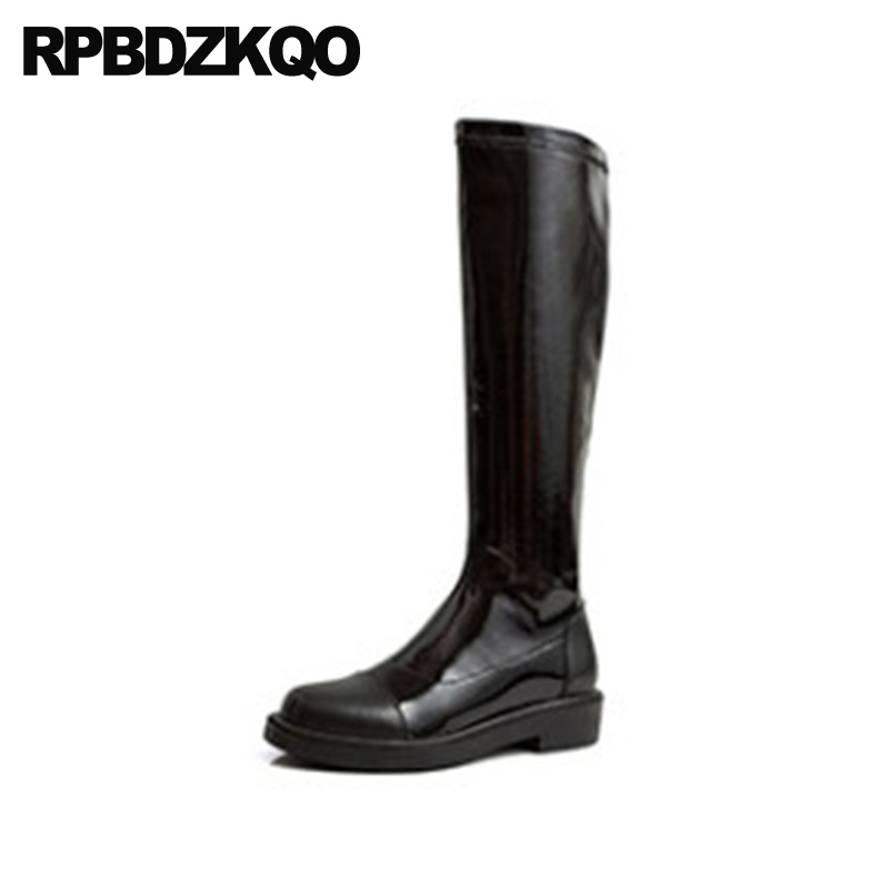 

patent leather knee high long round toe tall shoes women suede faux fur slip on handmade flat boots black wide calf, Black patent