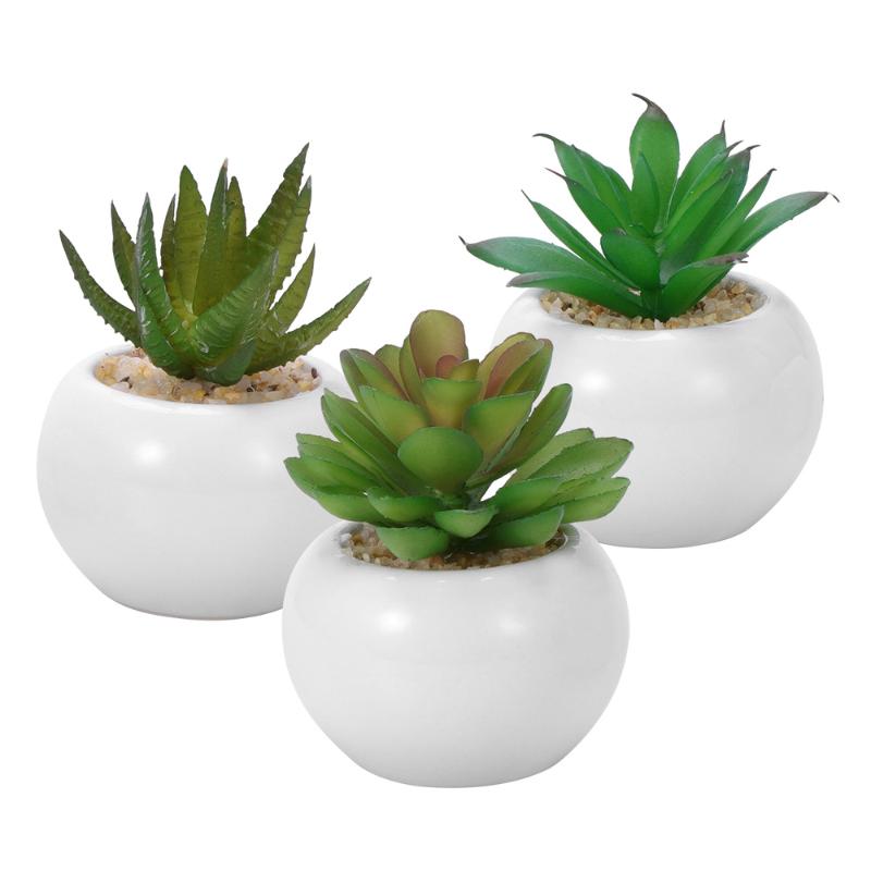 

3pcs Mini Decorative Faux Succulent Artificial Succulent Fake Simulation Plants with White Pots, Green