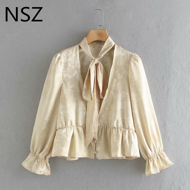 

NSZ women jacquard satin crop top deep v neck bow tied cropped blouse ruffles hem fashion party shirt fall clothes blusa camsia, Champagne