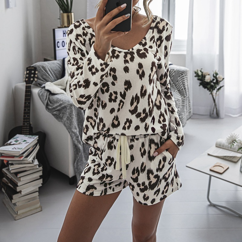 

Laamei Leopard Print Long Sleeve Women's Set Loose Tie Print Female Tracksuit Gradient Pullover Top+Shorts Two Piece Set, Leopard print 1