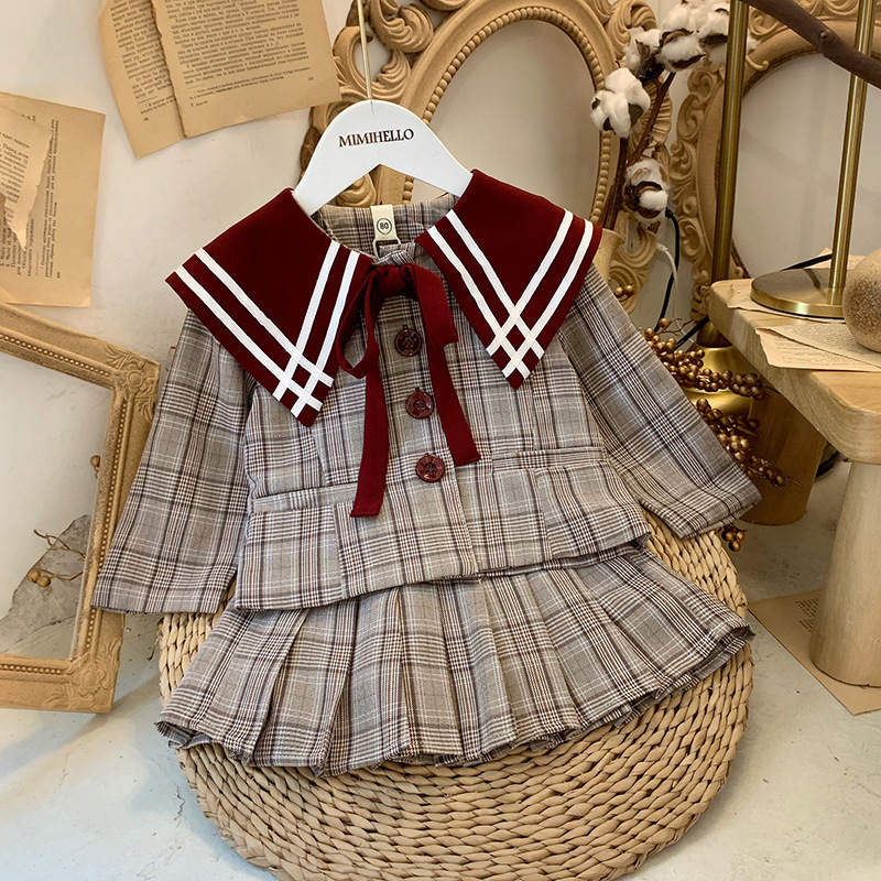 

2020 Fashion Baby Girl Children's Clothing Set Girls Clothing Set Cute British Style Plaid Jacket Dress 2 Piece Set 3-12y, As picture