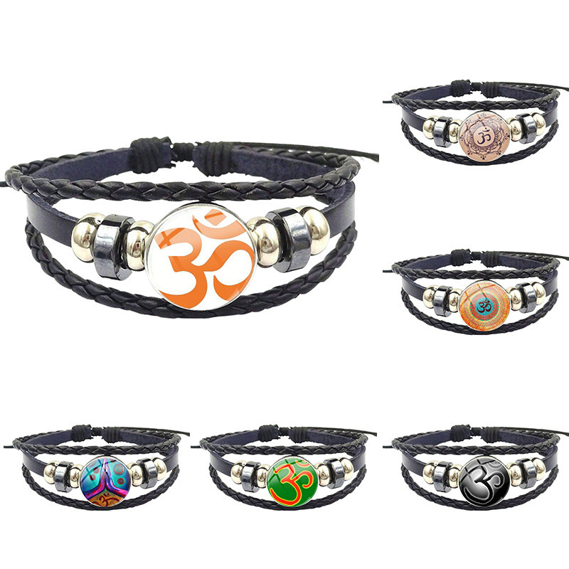 

OM Namaste Yoga Fashion Jewelry Glass Cabochon Black Leather Bracelet Bangle Women For Girls Best Gift