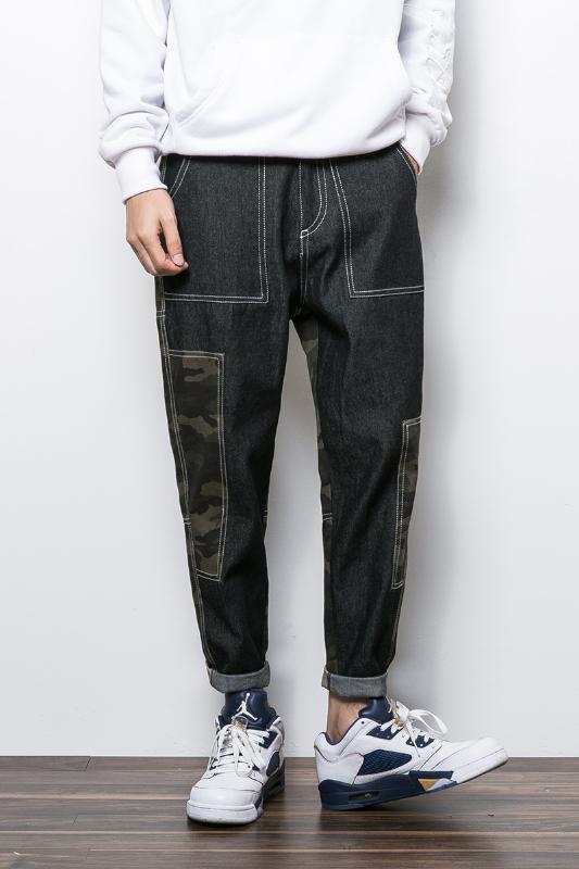 

2020 Anan Autumn Camouflage patchwork male straight jeans casual male personality vintage harem pants -2XL, Black