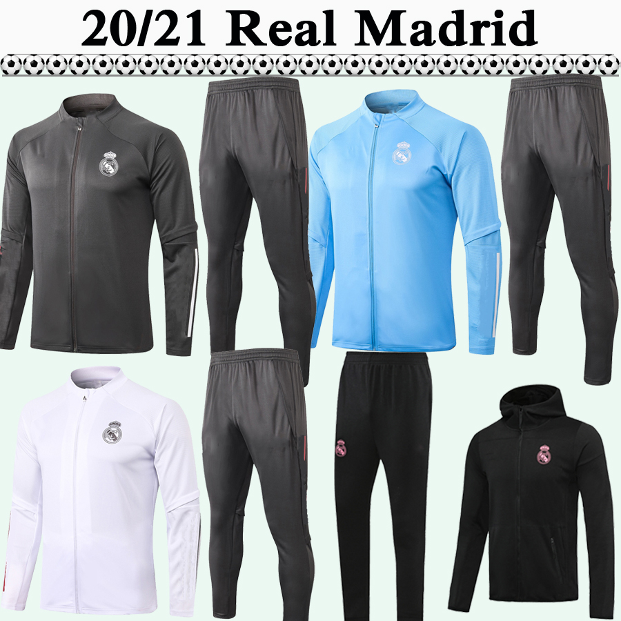 

20 21 HAZARD Full zip Jacket Shirts Suit MARIANO KROOS BENZEMA Sapphire Blue Green Black Jacket Set pants Top Football Jerseys, A352# 2021 light blue long zipper top