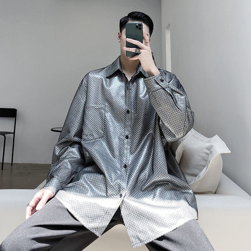 

Men Autumn New Long Sleeve Casual Loose Shirt Male High Streetwear Fashion Vintage Shirt Stage Clothes, 2308 blue